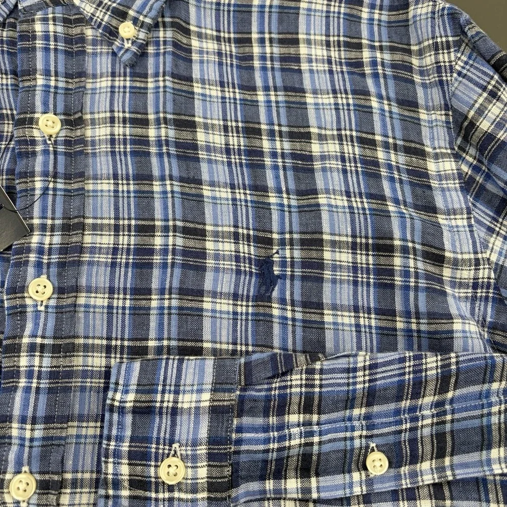 NWT Polo Ralph Lauren BLUE Plaid LINEN Shirt Men's Classic L Navy Blue Pony‎